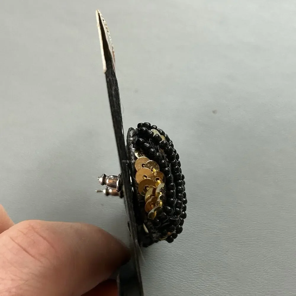 GLITTERS Black & Gold Round Beaded Earrings, Butterfly Closure, Pierced Lobes